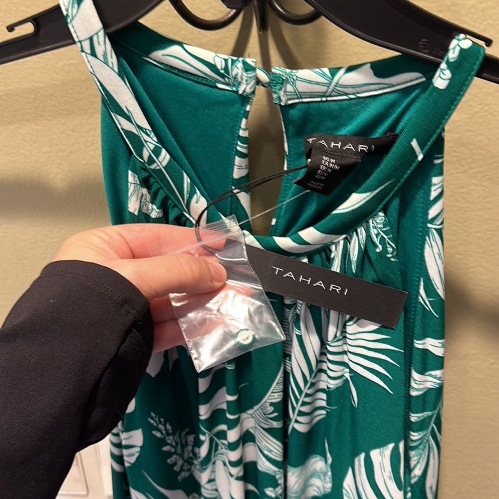 NWT TAHARI Green White tropical Jersey High Neck Swing Dress with POCKETS!! Sz M - Picture 5 of 6